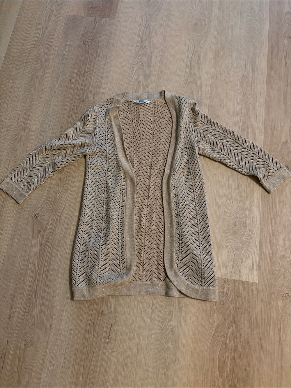 Peter Nygard Gold Open-Front Chevron Crochet Cardigan